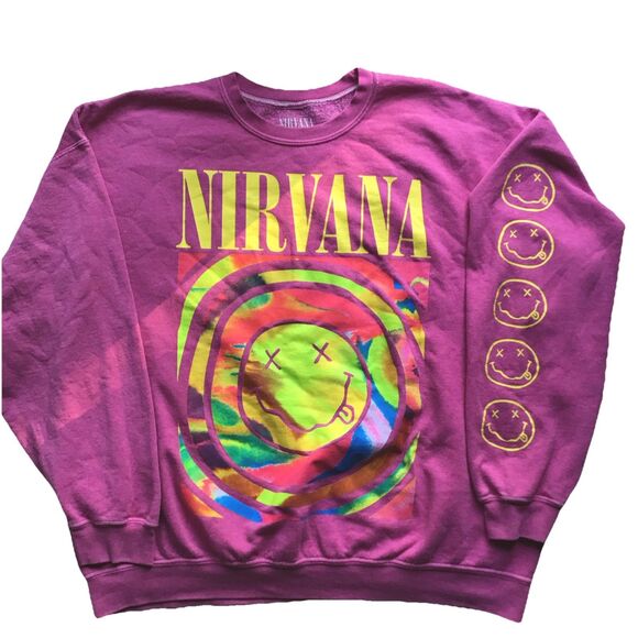 Nirvana Smiley Face Crewneck Sweatshirt Pink Graphic Band S/M Oversized Long - Picture 2 of 4